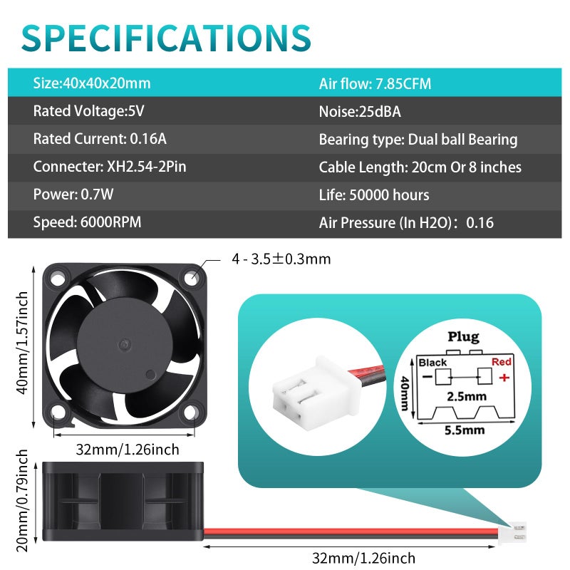 Wathai 40mm x 20mm 5V Case Fan Dual Ball 2Pin DC Brushless Cooling Fan - Image 2